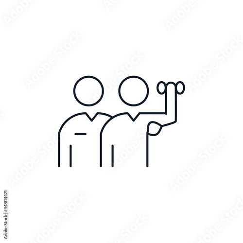 Injured person doing rehab with a physical therapist thin line icon stock illustration.