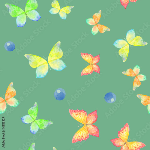 seamless pattern of beautiful butterflies illustration on greenbackground © tinkerfrost