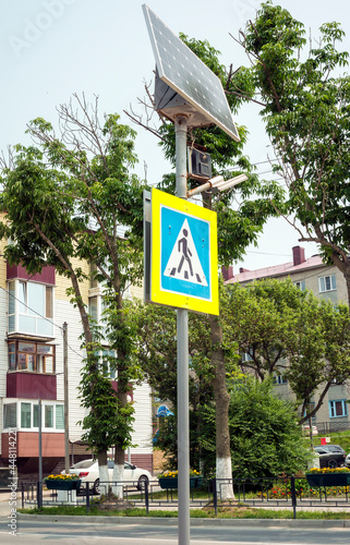 Solar powered road sign. The city of Korsakov. Russia  photo