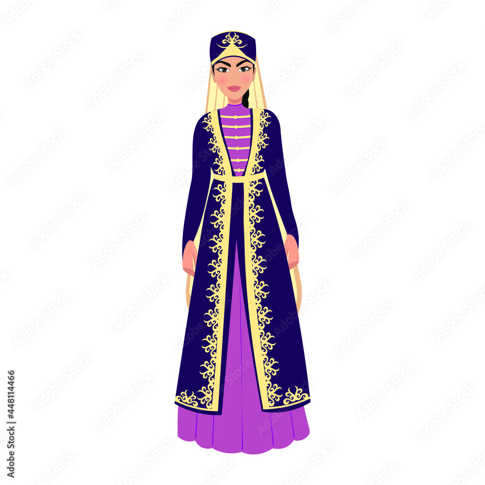 Woman in folk national Chechen costume. Vector illustration