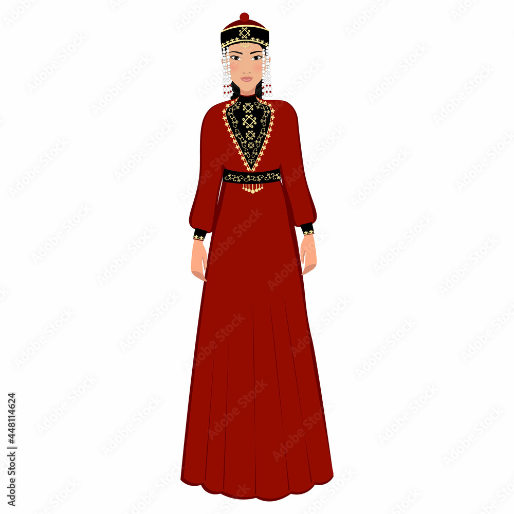 Woman in folk national Kalmyk costume. Vector illustration