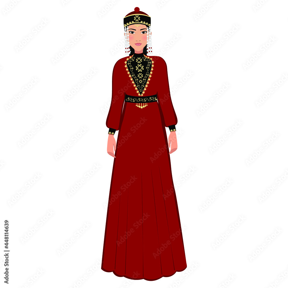 Woman in folk national Kalmyk costume. Vector illustration
