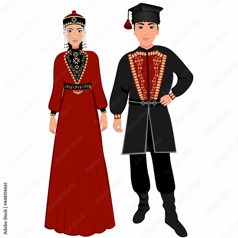 Woman and man in folk national Kalmyk costumes. Vector illustration