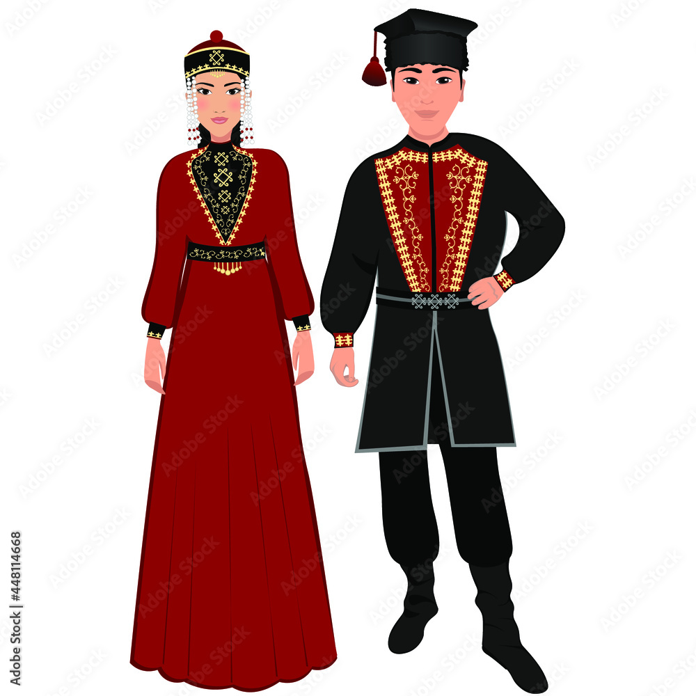 Woman and man in folk national Kalmyk costumes. Vector illustration