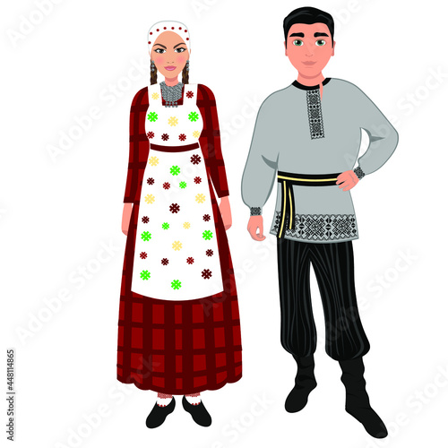 Woman and man in folk national Udmurt costumes. Vector illustration