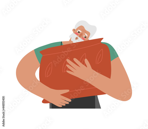 Vector isolated flat illustration with senior Caucasian man. Close up portrait of old student who hugs ceramic pot. He made earthenware after class of sculpture. Hobby business of older master