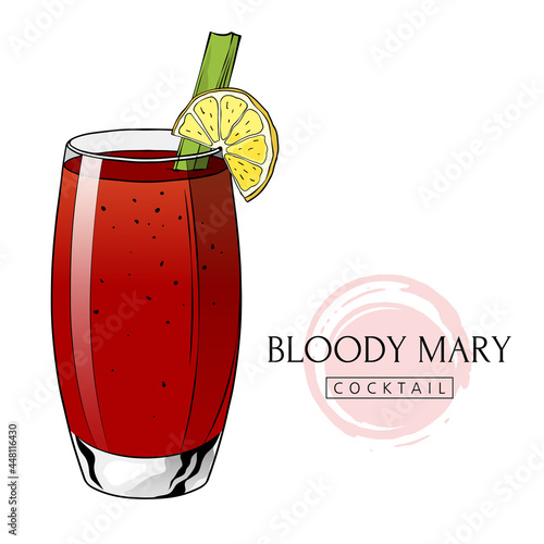 Bloody Mary cocktail, hand drawn alcoholic drink with lemon slice and celery. Vector illustration
