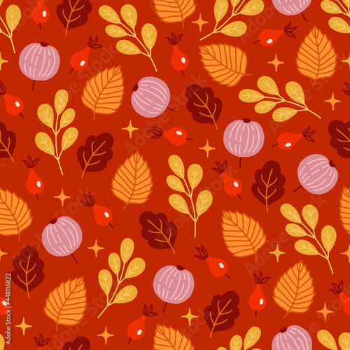 Autumn seamless pattern with leaves  apples  briar  stars. Vector illustration