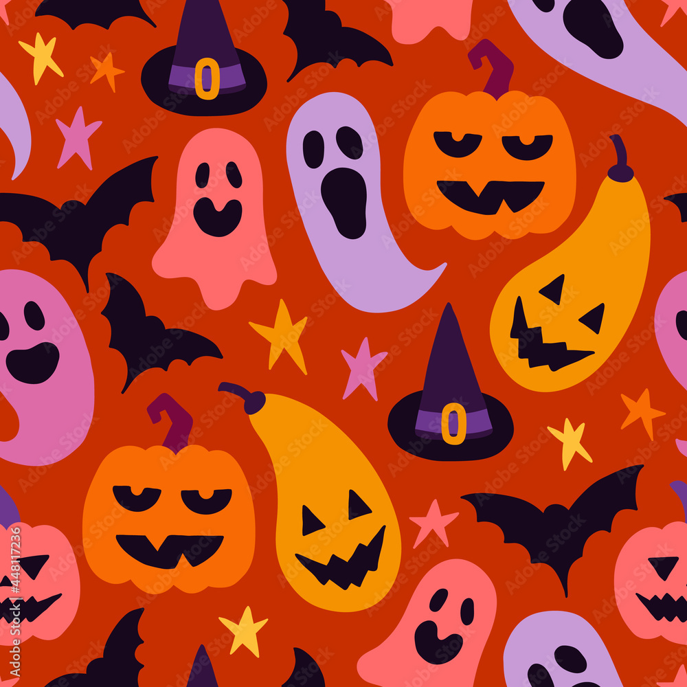 Halloween seamless pattern with jack o'lantern, ghosts, bats and stars