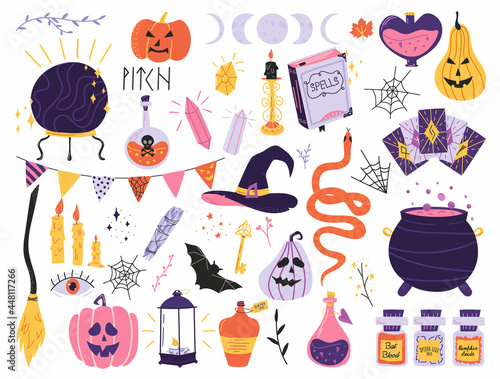 Halloween set with cute magical elements: spell book, magic ball, cauldron, snake, broom and potion. Hand drawn vector elements for stickers, scrapbooking or printing.