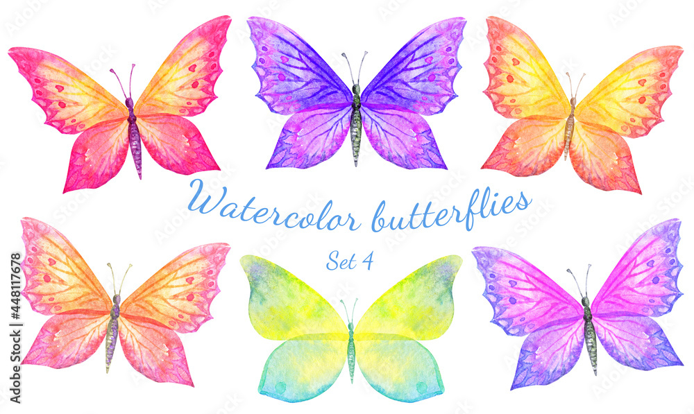 Set of 6 beautiful watercolor butterflies