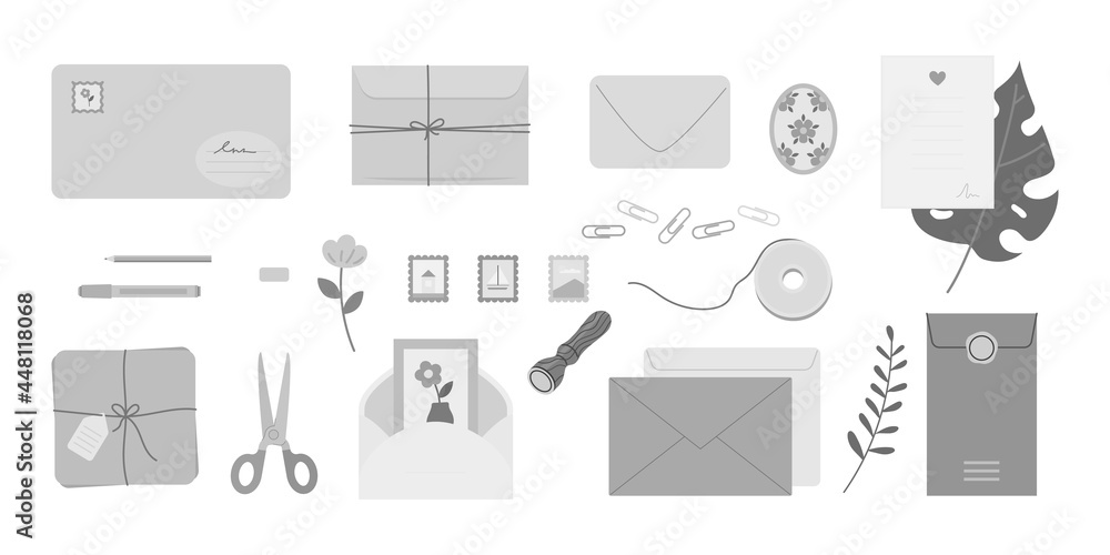 Black-and-white cute handcraft letter envelop design set. Paper sheet greeting card, post stamp and craft tool for postal letter design vector illustration isolated on white background Black-and-white cute handcraft letter envelop design set. Paper sheet greeting card, post stamp and craft tool for postal letter design vector illustration isolated on white background