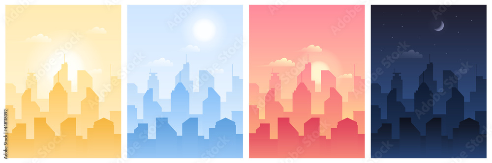 Daytime city landscape with change of time of day and night. Set of morning, day, evening and night urban cityscape town sky with architecture skyscraper silhouette vector illustration