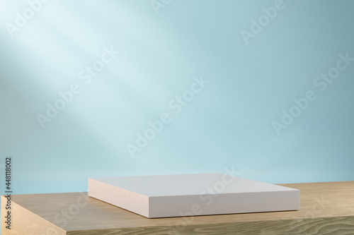 Cosmetic display product stand, White block podium on wood desk and sunlight background. 3D rendering illustration