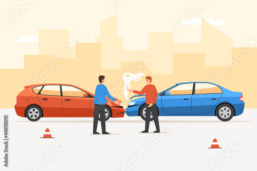 Angry man driver arguing after car traffic accident on road. Frustrated and annoying people yelling standing on roadside, driver conflict after auto collide crash vector illustration