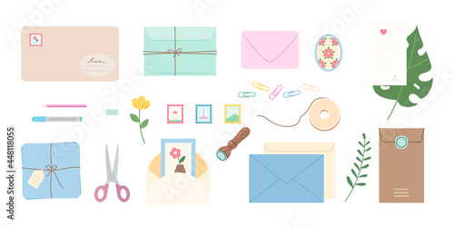 Cute handmade postal envelop for mail letter and postcard. Set of invitation romantic scrapbook sheet for greeting with wedding or announcement and craft stationery vector illustration