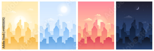Daytime city landscape with change of time of day and night. Set of morning, day, evening and night urban cityscape town sky with architecture skyscraper silhouette vector illustration