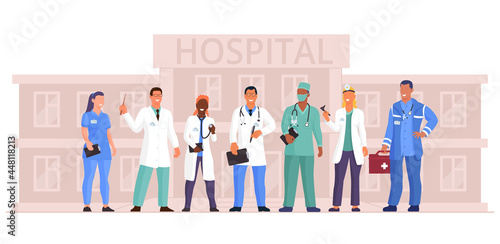 Doctor team in medical uniform smile stand at hospital yard. Clinic emergency medic professional staff service advertisement, health care specialist group and paramedic vector illustration
