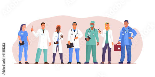 Multiethnic diverse doctor team medical staff portrait. Multiracial physician, nurse and surgeon community group in uniform standing together showing medic cooperation and teamwork vector illustration