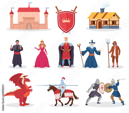 Medieval character, fantasy dragon and middle age building. Knight warrior, queen, princess and king, magician person for fairytale and story legend vector illustration isolated on white background