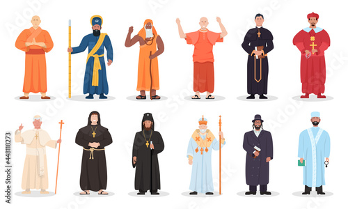 Religion leader and religious priest of different confession. Set of various faith belief prayer in muslim, christian, judaism, buddhism mantle uniform vector illustration isolated on white background