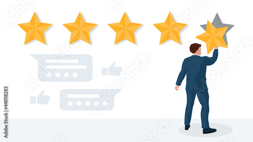 Rating star feedback evaluation, marketing review service. Client or customer voting for good quality giving five star rate, showing positive opinion and satisfaction vector illustration