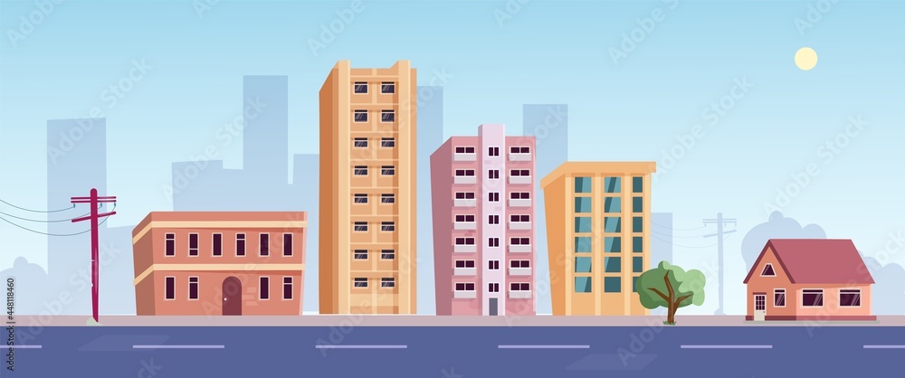 Skyscraper apartment residential district in downtown. Real estate structure, private housing for citizen living panoramic scenery. Street with urban or suburb accommodation vector illustration