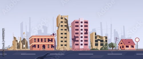 Ghetto street with ruined abandoned house and old building. Dilapidated dwellings stand on roadside, destroyed broken town ruins after explosion, natural disaster war or earthquake vector illustration photo