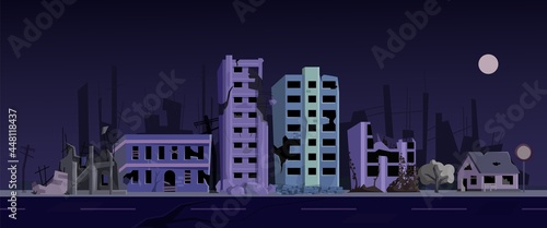 City ghetto street at night scare scene with abandoned house. Old building dilapidated dwellings with broken window and wall on roadside post-apocalyptic urban landscape vector illustration