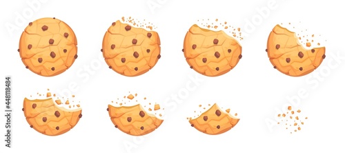 Whole, broken and bitten cookie with chocolate crisps. Round homemade chip biscuit, delicious pastry snack crumbs, bakery bite dessert vector illustration isolated on white background