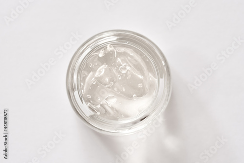 Aloe vera gel in a cosmetic jar on white background. Healthy cosmetic product.