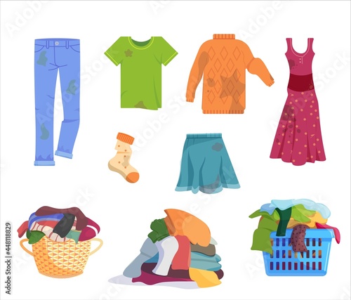 Dirty clothes, worn apparel with stain and spot set. Messy heap, stack stinky garment and textile wear in basket pack for laundry wash vector illustration isolated on white background