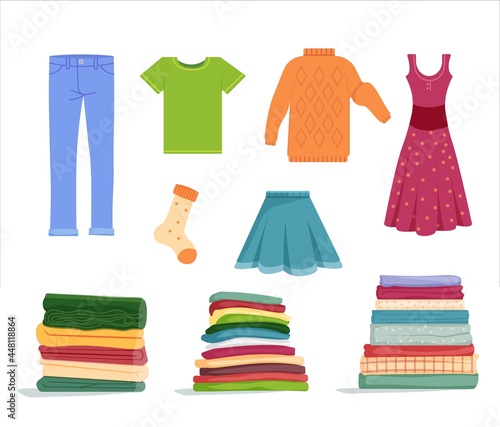 Tidy clean clothes folded in stack and drying wear set. Pile of washed clothing, neat apparel, stacked soft towel and blanket, drying dress, pants and sweater vector illustration isolated on white