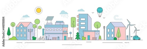 Eco city landscape with house flat design scenery. Real estate building exterior with solar panel, wind turbine generate alternative energy to save nature, environment conservation vector illustration
