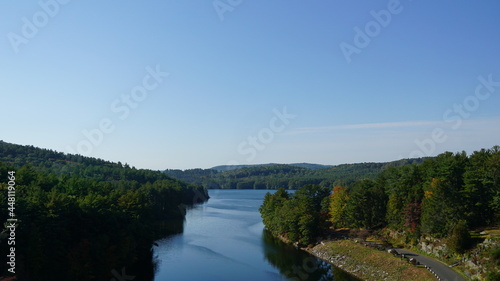 A lake runs through mountains filled with green trees. Mountain background. Copy space.