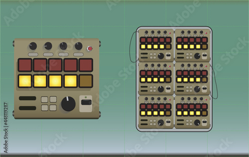 Vintage console with buttons and potentiometers. Post-apocalyptic vintage mainframe computer concept art. set of mixing consoles with cables against the cyberpunk grid