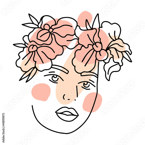 Orchid Flowers in woman head. Nature cosmetics. Black and white line drawing vector illustration with abstract shapes.