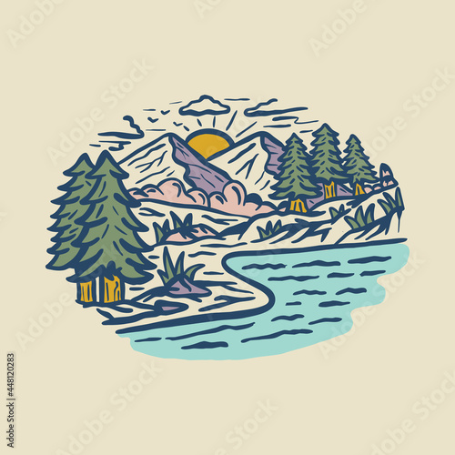 Beauty nature with river watercolor graphic illustration vector art t-shirt design