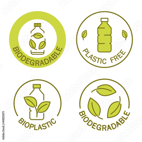 Biodegradable. Icon of plastic bottle with green leaves. Plastic free stamp. Eco friendly compostable material production. Zero waste, nature protection concept photo