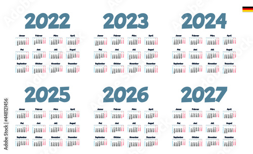 German Calendar for 2022, 2023, 2024, 2025, 2026, 2027. Week starts on Monday