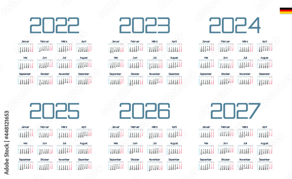 German Calendar for 2022, 2023, 2024, 2025, 2026, 2027. Week starts on