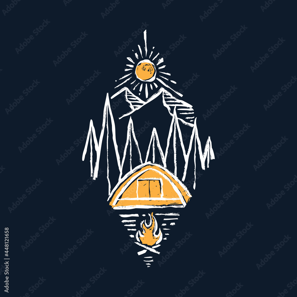 Camping adventure with beauty nature and camp fire graphic illustration vector art t-shirt design