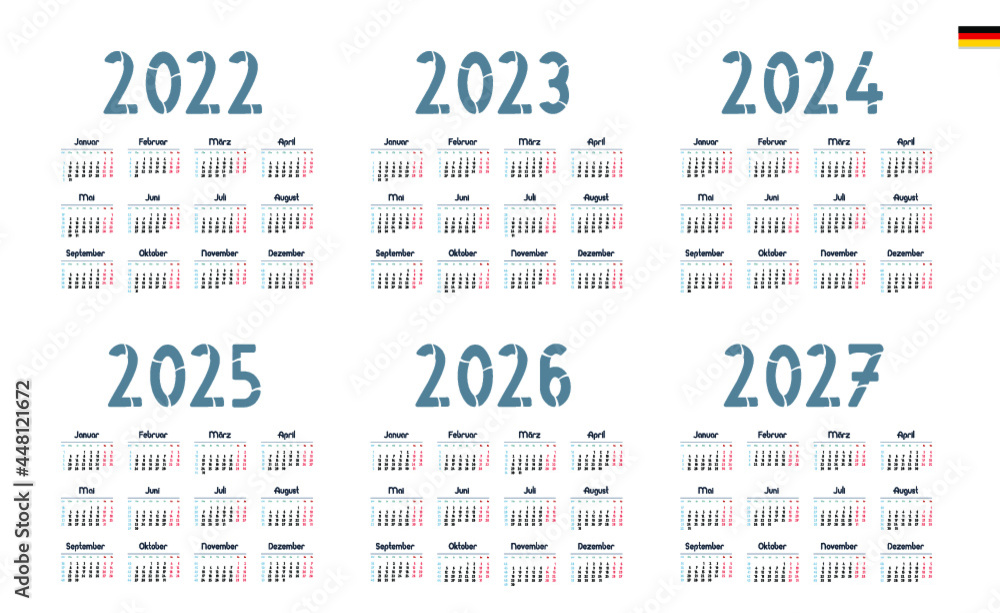 German Calendar for 2022, 2023, 2025, 2025, 2026, 2027. Week starts on
