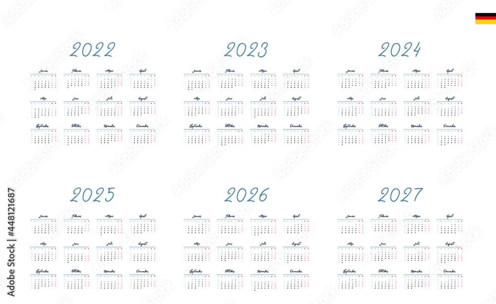 German Calendar for 2022, 2023, 2024, 2025, 2026, 2027. Week starts on