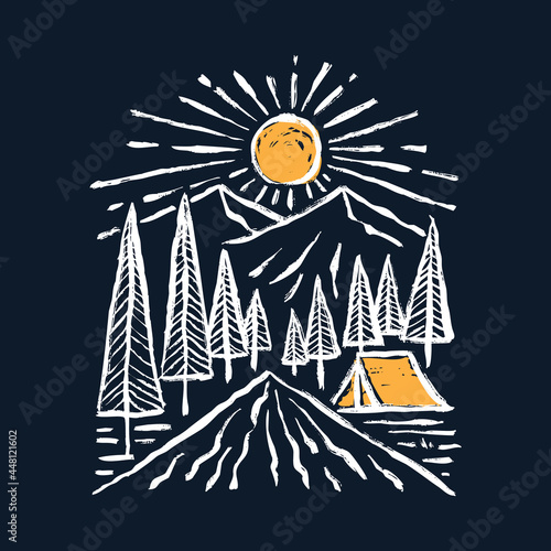 Camping adventure with beauty nature and sunrise graphic illustration vector art t-shirt design