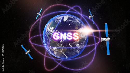 Technology communication image global navigation satellite system,standard generic term for satellite navigation systems,GNSS,3d rendering photo
