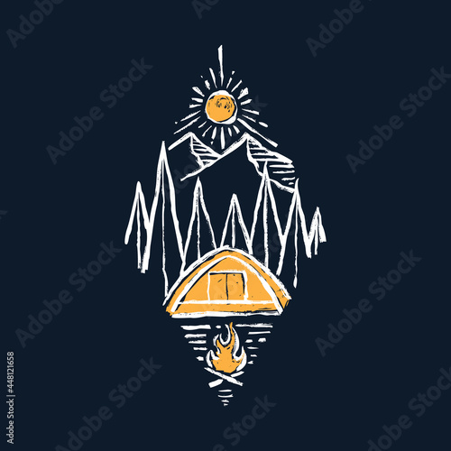 Camping adventure with beauty nature and camp fire graphic illustration vector art t-shirt design