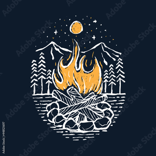 Camping adventure and camp fire graphic illustration vector art t-shirt design