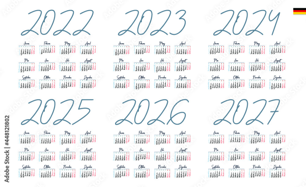 German Calendar for 2022, 2023, 2024, 2025, 2026, 2027. Week starts on