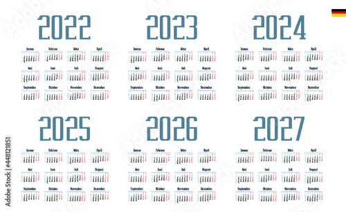 German Calendar for 2022, 2023, 2024, 2025, 2026, 2027. Week starts on Monday